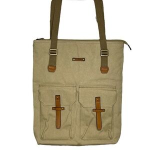 L.L. BEAN Tan Unisex Canvas Tote Shoulder Bag Leather Accents Pockets Zipper